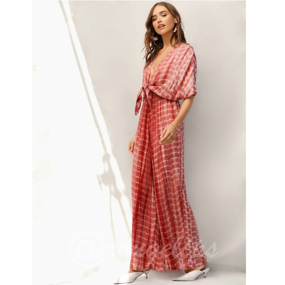 Tie Dye Jumpsuit Red Wide Leg Tie Front Deep V-Neck - Picture 4 of 7